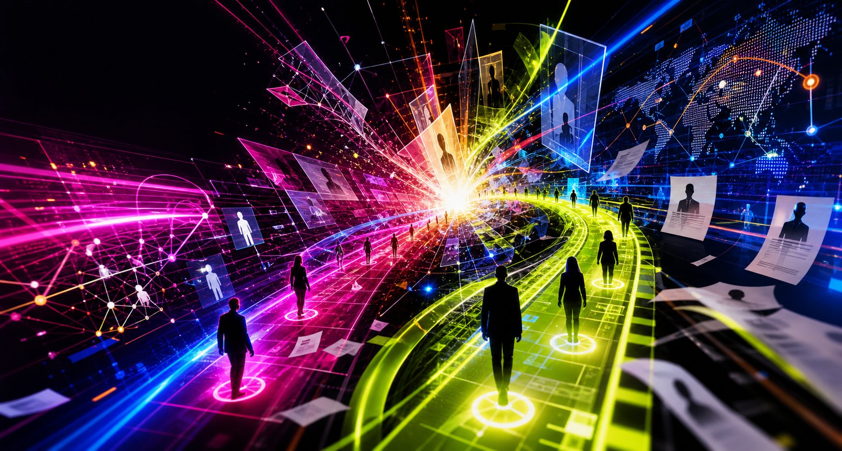 A high-energy hiring command center with luminous candidate paths converging into a central burst.