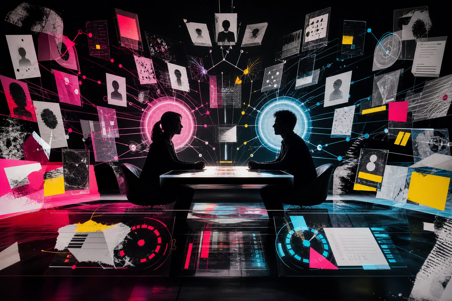 An interview arena with two silhouettes and branching question streams.