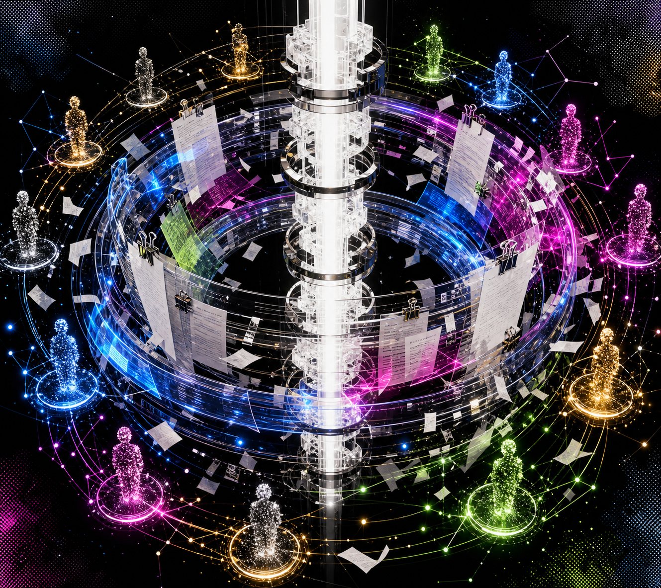 A circular feedback reactor with interview signals orbiting a stable hiring core.