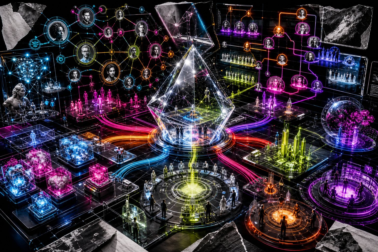 A luminous recruiting operating system with candidate paths, agent modules, and interview rings around a central command prism.