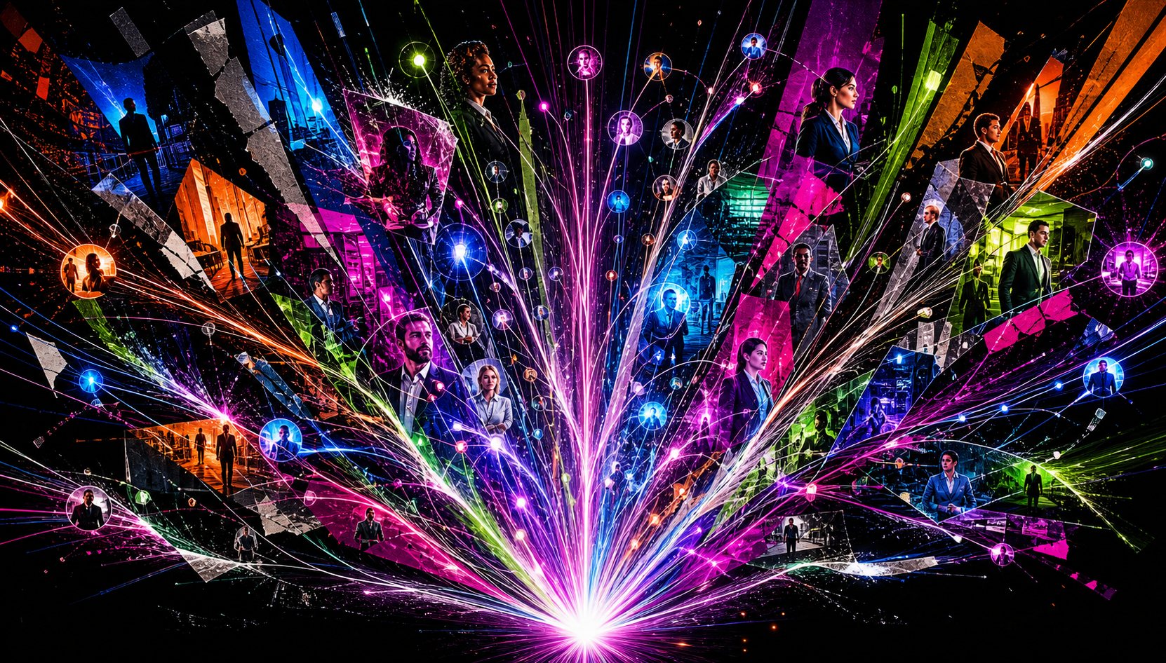 Personalized candidate reach paths bursting from a hiring nucleus into many talent worlds.