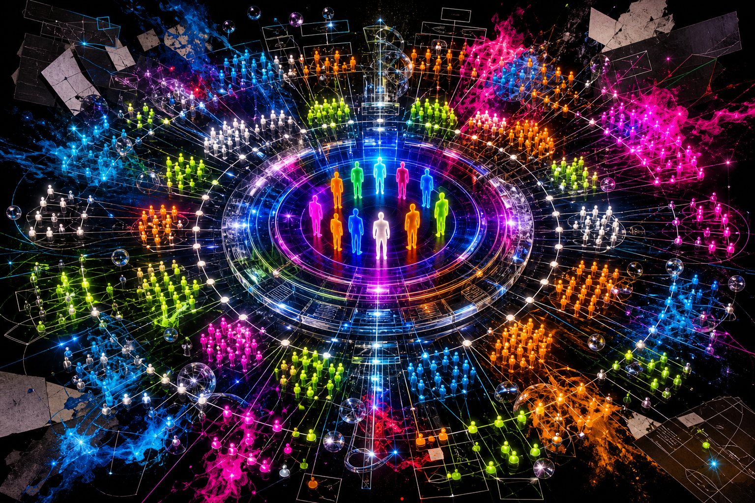 A compact hiring team expanding into an organized constellation of hundreds of role and squad nodes.