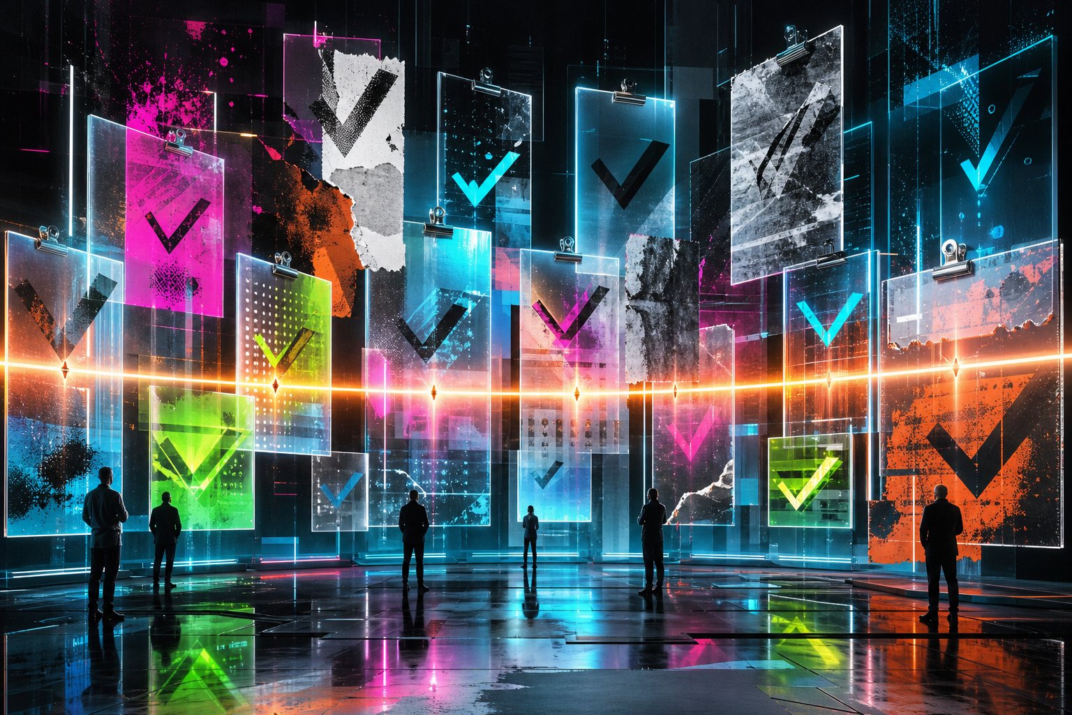 A glowing wall of calibrated interview score panels with a bright alignment beam crossing each panel.