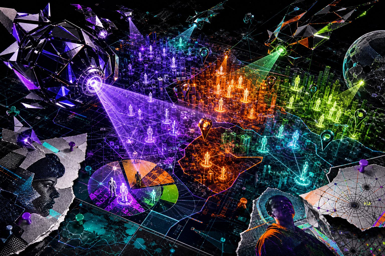 A talent atlas with glowing clusters and search beams across a dark hiring map.